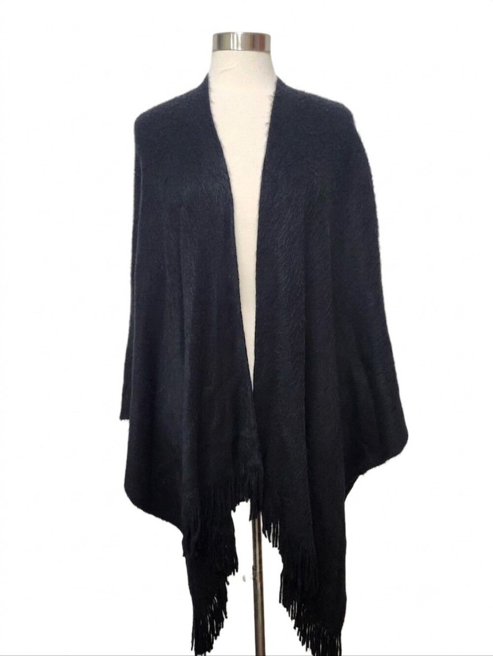 LAUREN CONRAD Womens Black Open Front Fringed Knit Wrap Poncho Shawl Soft OS